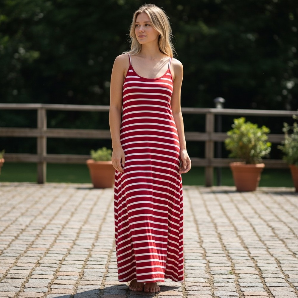 Old Navy Womens XL Red White Striped Sleeveless High Neck Maxi Tank Dress